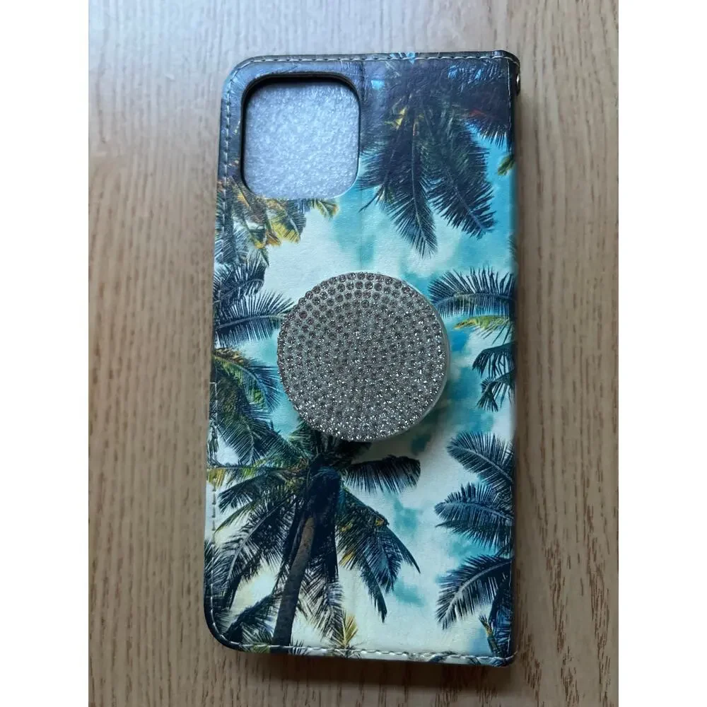 Tropical Print iPhone 12 Case Wallet w/Wrist Strap & Blingy Diamonds Pop Socket